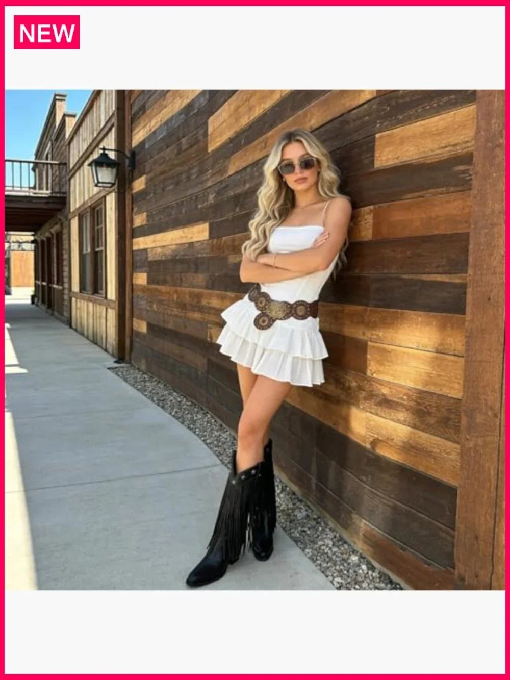 Fringe Western Boots Mid Calf Chunky Heel Pointed Toe Pull On Cowgirl Boots